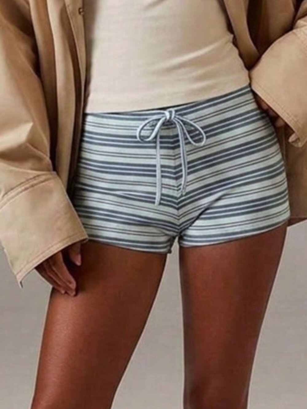 Blue And White Casual Women's Striped Tie-Waist Shorts - Picture 5 of 5